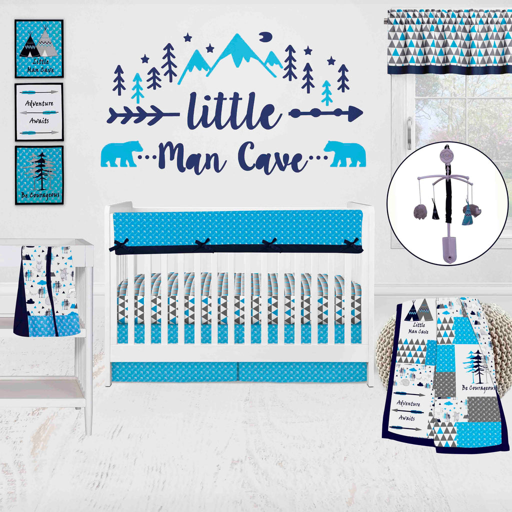 Bacati - Long/Small Crib Rail Guard Covers Cotton Woodlands Aqua/Navy/Grey - Bacati - Crib Rail Guard - Bacati