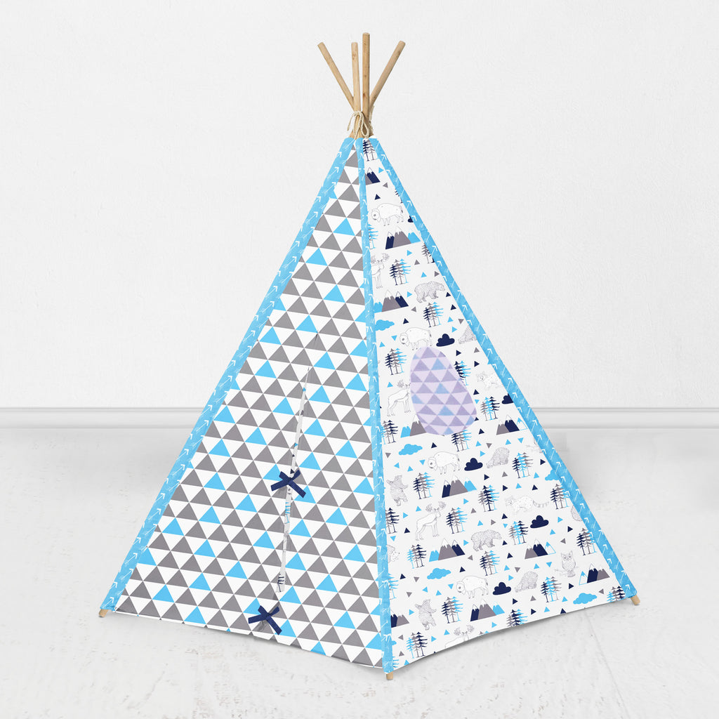 Bacati Woodlands Animals Teepee Tent for Kids/Toddlers, 100% Cotton Percale Fabric Cover, Aqua/Navy/Grey - Bacati - Tee Pee - Bacati