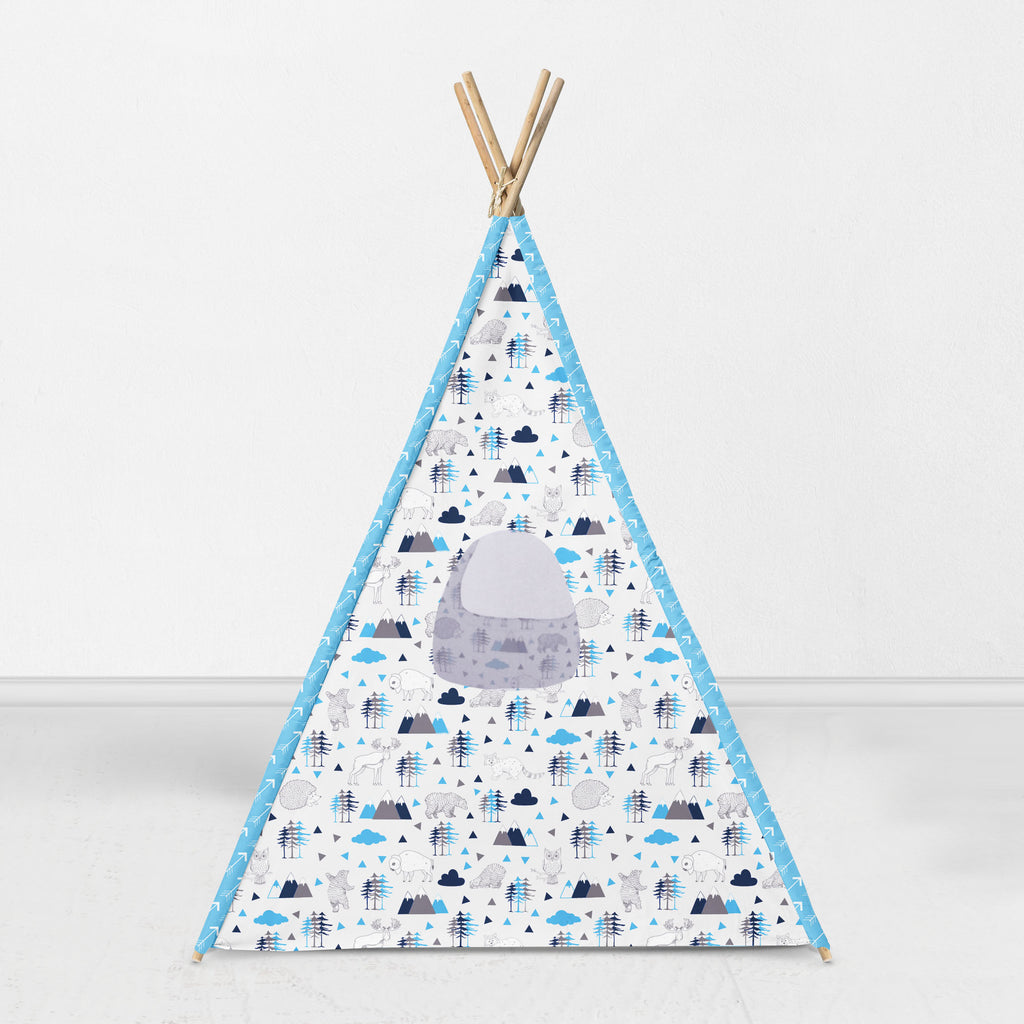 Bacati Woodlands Animals Teepee Tent for Kids/Toddlers, 100% Cotton Percale Fabric Cover, Aqua/Navy/Grey - Bacati - Tee Pee - Bacati