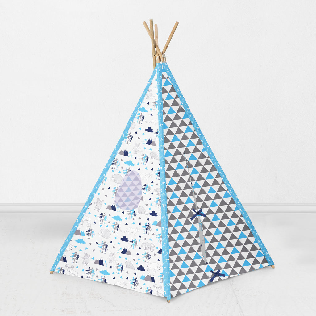 Bacati Woodlands Animals Teepee Tent for Kids/Toddlers, 100% Cotton Percale Fabric Cover, Aqua/Navy/Grey - Bacati - Tee Pee - Bacati