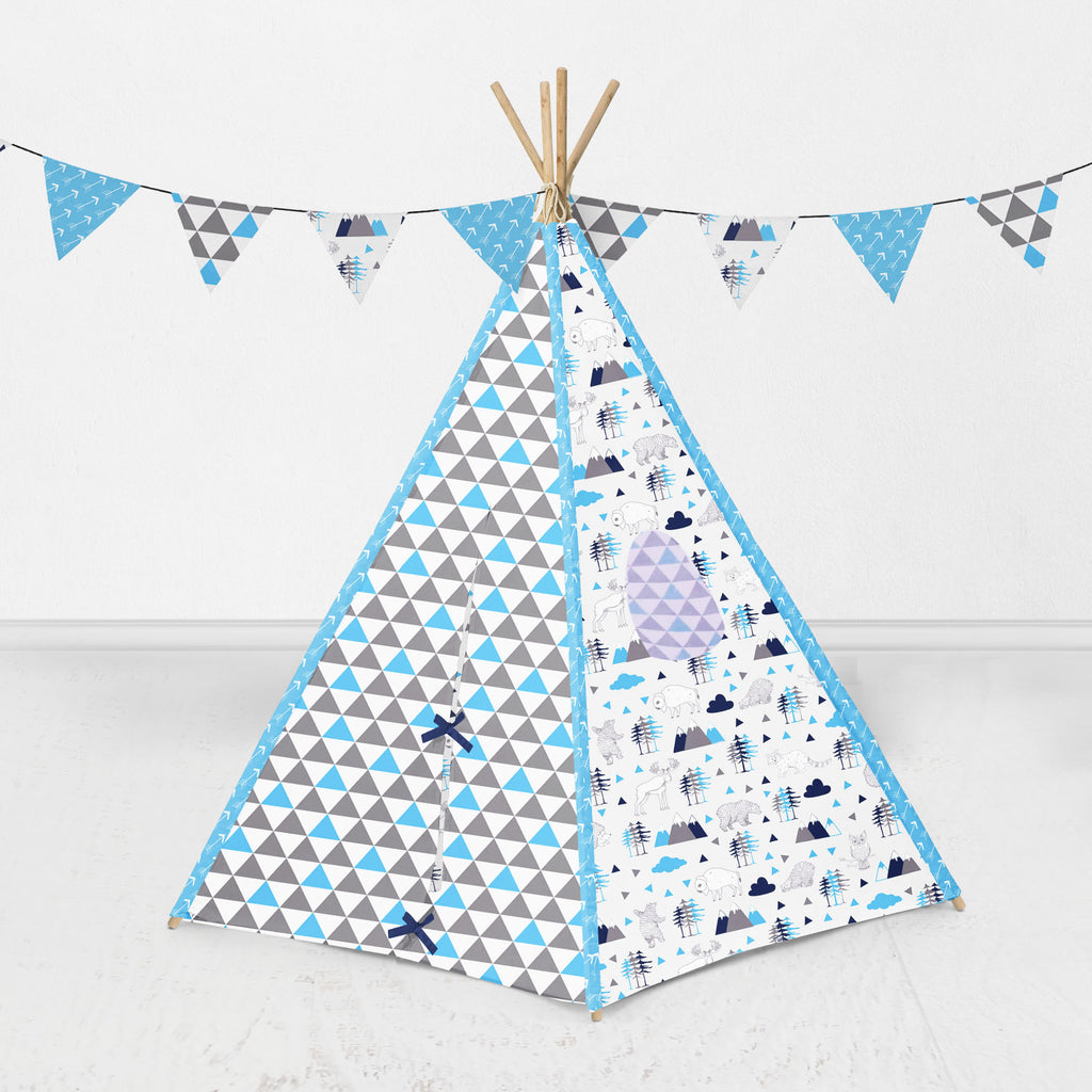 Bacati Woodlands Animals Teepee Tent for Kids/Toddlers, 100% Cotton Percale Fabric Cover, Aqua/Navy/Grey - Bacati - Tee Pee - Bacati