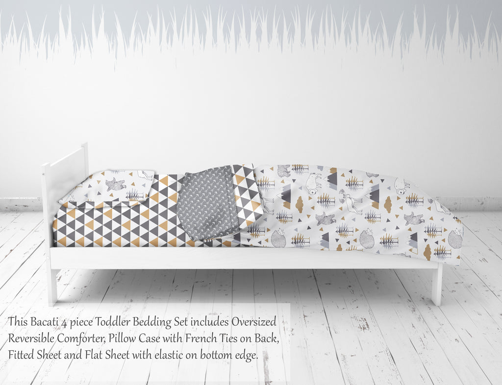 Toddler Bedding/Sheet Set 100% Cotton Percale, Woodlands Beige/Grey - Bacati - 4 pc Toddler Bedding Set - Bacati