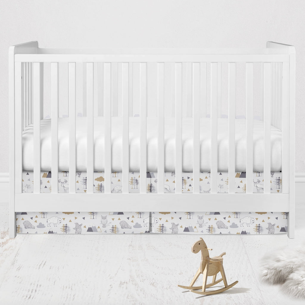 Multiple Options of Crib or Toddler Bed Skirt or Dust Ruffle 100% Cotton Percale, Woodlands Animals Beige/Grey - Bacati - Crib or Toddler Bed Skirt - Bacati