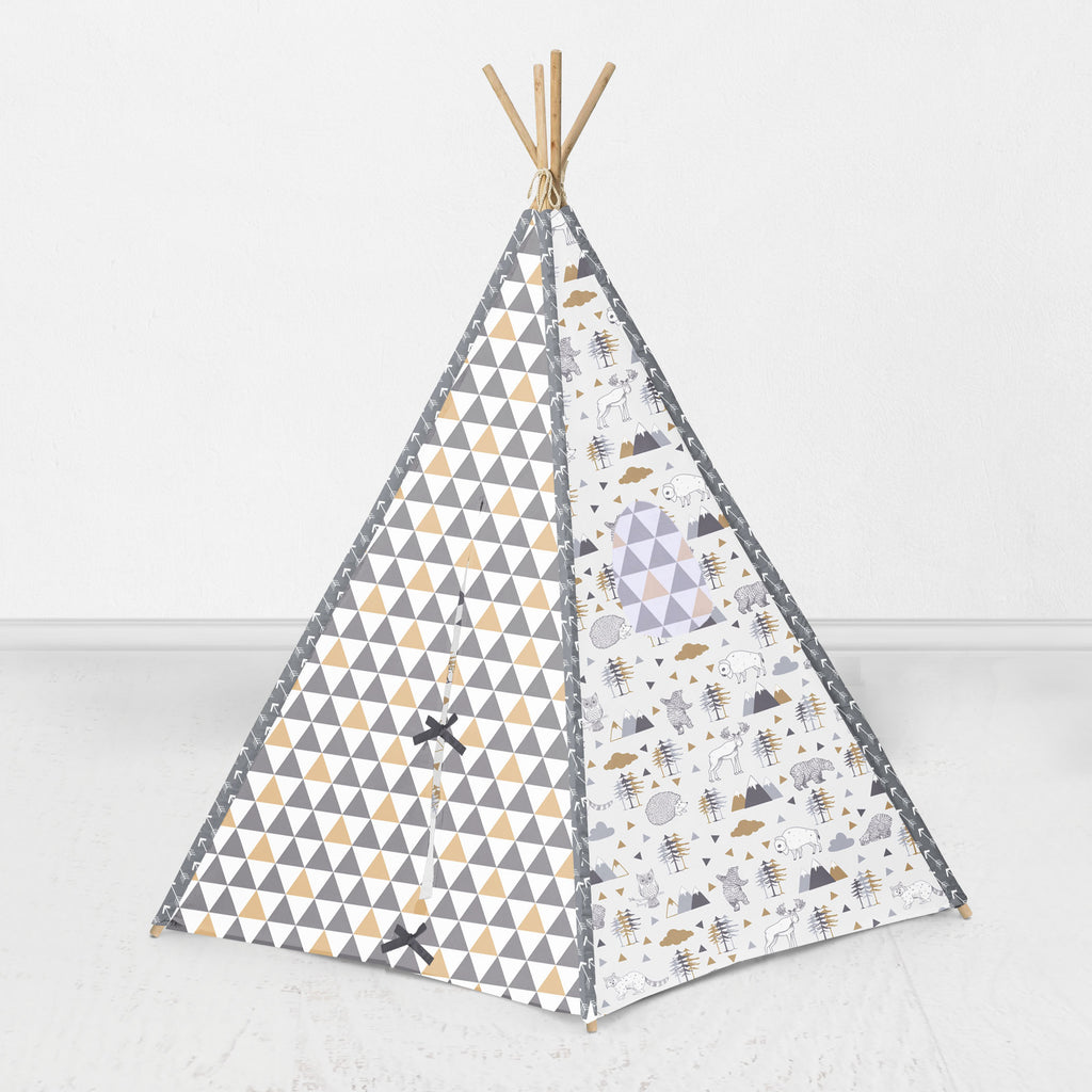 Bacati Woodlands Animals Teepee Tent for Kids/Toddlers, 100% Cotton Percale Fabric Cover, Beige/Grey - Bacati - Tee Pee - Bacati