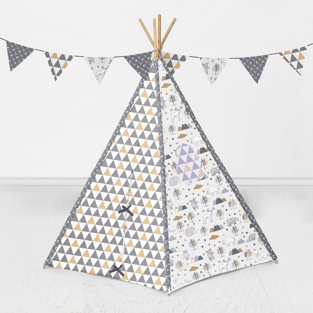 Bacati Woodlands Animals Teepee Tent for Kids/Toddlers, 100% Cotton Percale Fabric Cover, Beige/Grey - Bacati - Tee Pee - Bacati